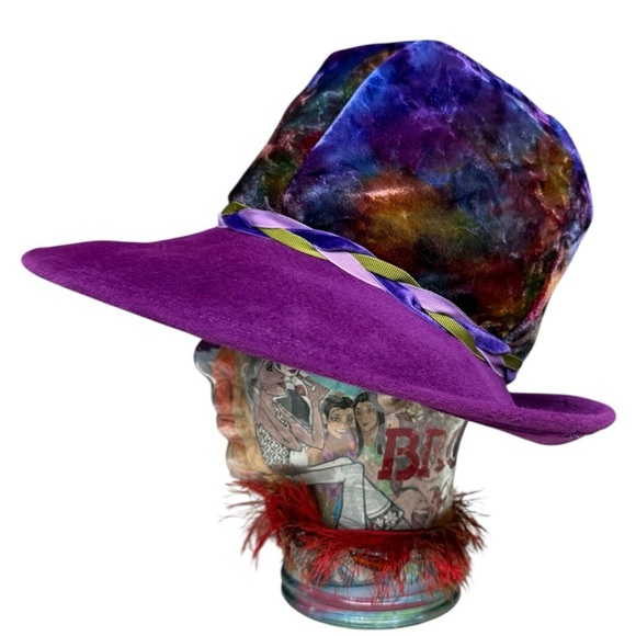 Vintage Gypsy Wizard Purple Wide Brim Hat Crushed Velvet Crown Ribbon Union Made - Picture 4 of 12